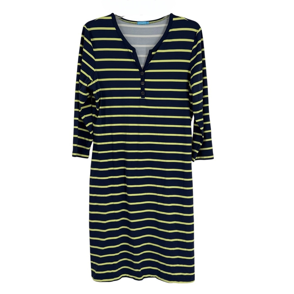 J McLaughlin Catalina Cloth Dress Womens Size L Navy Yellow Stripe Henley